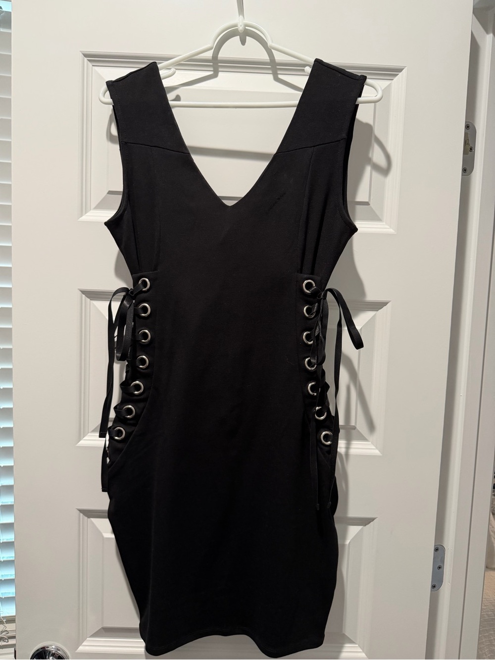 VENUS Black V-Neck Mini Dress with Lace-Up Side Grommets
